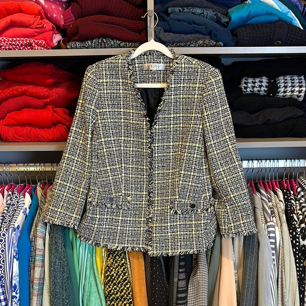 Kasper navy/yellow tweed open front 2 pocket blazer size 4